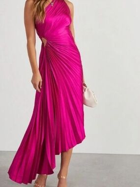 Mango Fuchsia Asymmetrical Pleated Halter Dress Very Good Condition